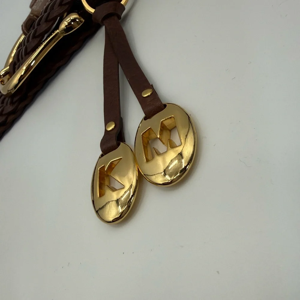 Michael Kors Brown Braided Leather Belt Gold Buckle Tassel Charm Boho Chic SZ M